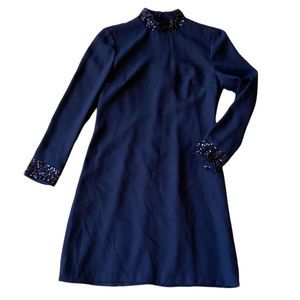 VINTAGE Donna Ricco New York Long Sleeve Sequin Shift Dress Blue Navy Cocktail
